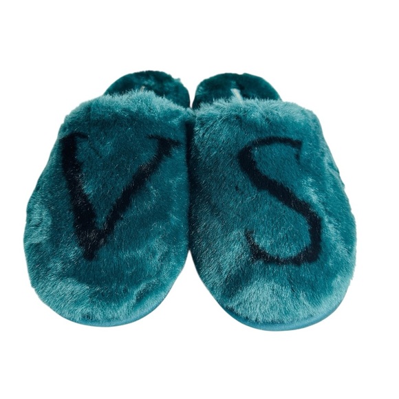 Victoria's Secret Green Fuzzy Faux Fur Logo Slip On‎ Slippers Women’s Size L - Picture 1 of 10